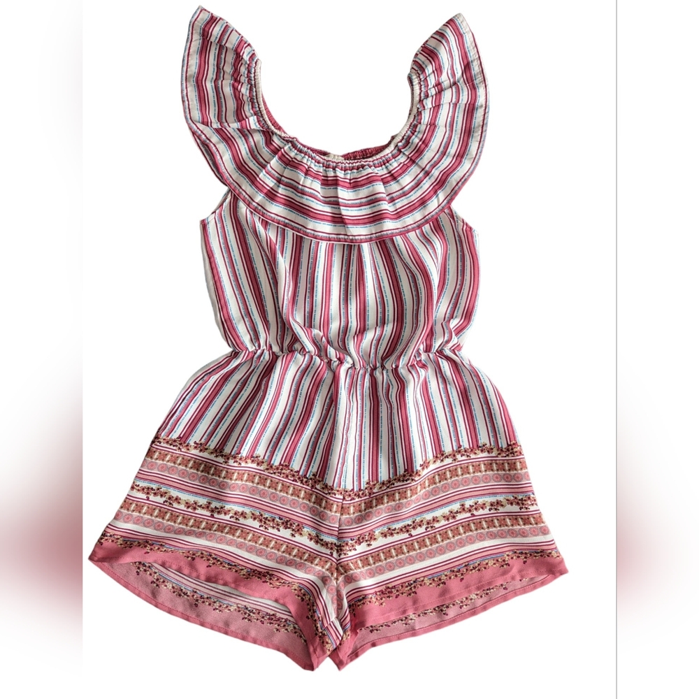 Heart & Arrow Girl's Pink and White Floral Striped Romper Size 10